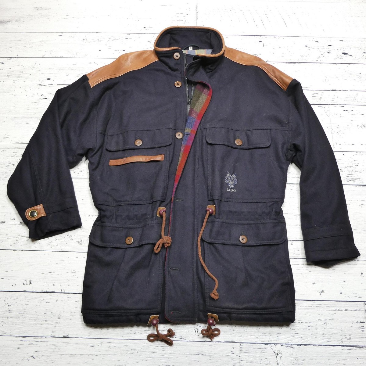 Vintage Lupo Jacket Mens Medium Navy Wool Leather Trim Outdoors