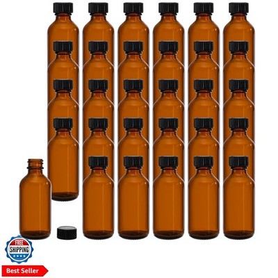 30 Pack 2 oz Boston Round Glass Bottle with Black Caps, Amber