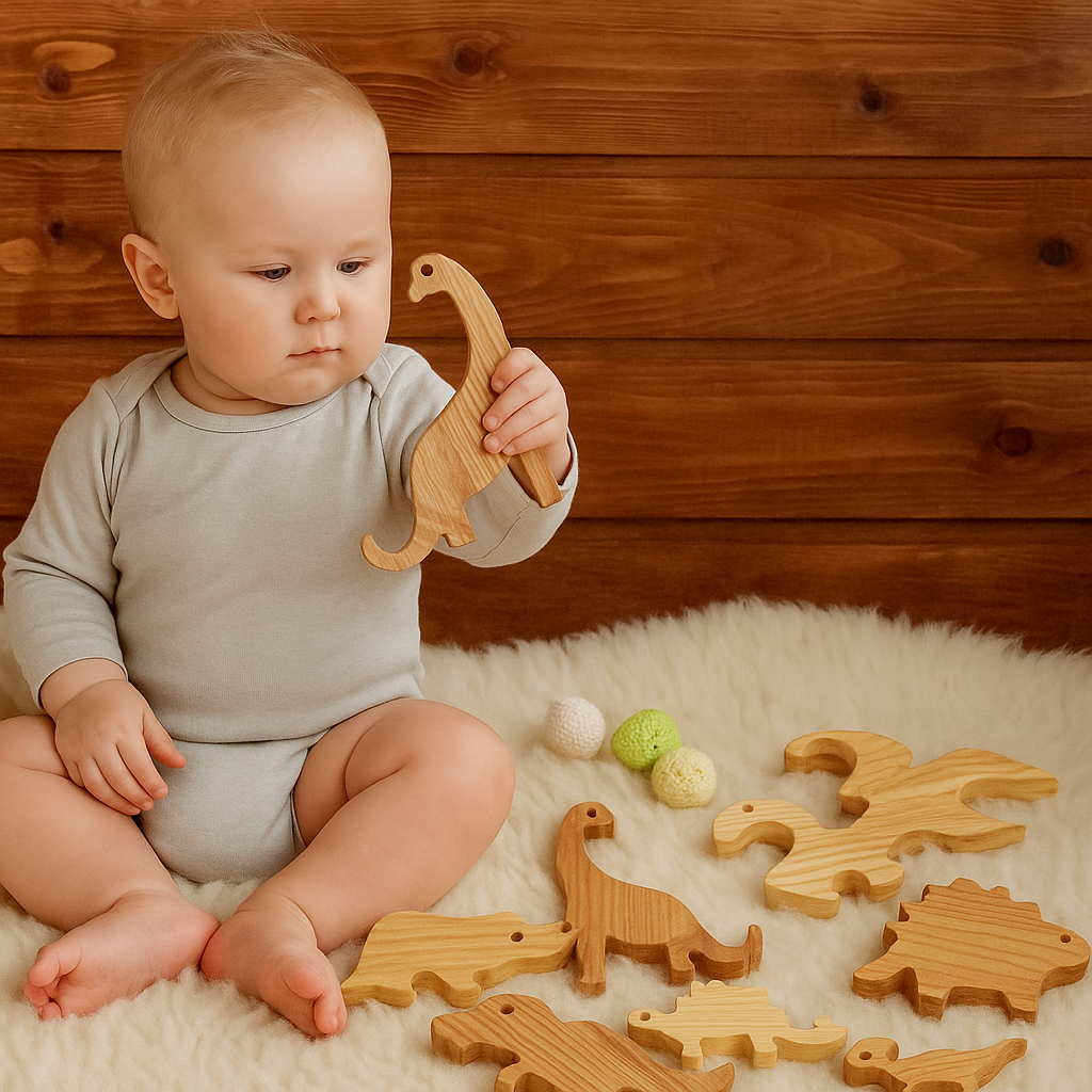 Wooden Baby Toys Set Dinosaur Neutral Nursery Toy Baby Shower Gift Handmade