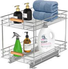 Pull Out Cabinet Organizer 14" W X 21" D , 2 Tier Slide Out Shelves with Wood Ha