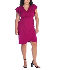 24seven Plus Size 1X V-neck Knee Length Dress Magenta Red Polyester $97 SALE