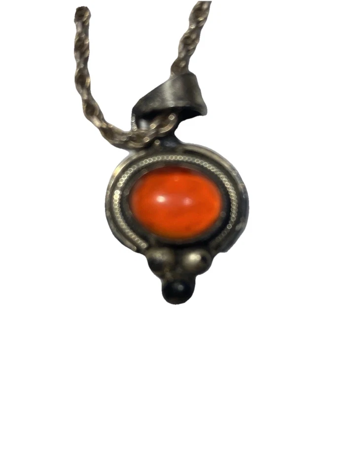 Vintage Signed Navajo Ted Ott Sterling Silver Necklace With Carnelian Pendant - Image 2 of 4