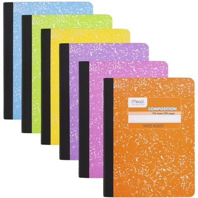 Mead Composition Notebook, Wide Ruled 7.5'' x 9.75'' Pack of 6, Assorted Bright