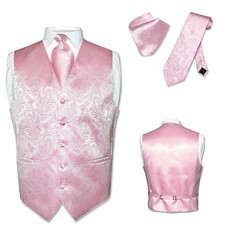 Men's Dress VEST NeckTie for Suit Tuxedo PINK Color PAISLEY Design Tie Hanky Set