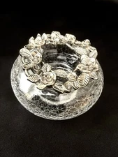 Vtg Potpourri Bowl Jar RAWCLIFFE Pewter Crackled Glass Roses Decor Decoration