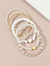 5pcs Multicolor Pearl Heart Shell Bead Stretch Bracelet Set One Size