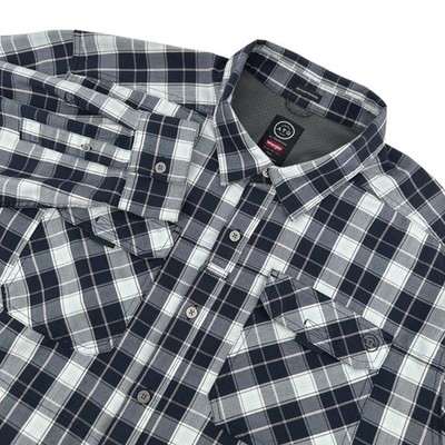 Wrangler ATG Men XXL Navy Blue Plaid Hidden Chest Pocket Shirt Long Sleeve