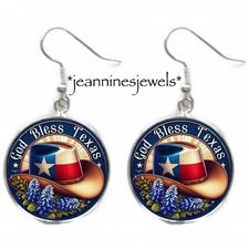 God Bless Texas EARRINGS Lone Star Bluebonnets Silver Charm Dangle Texan Gift