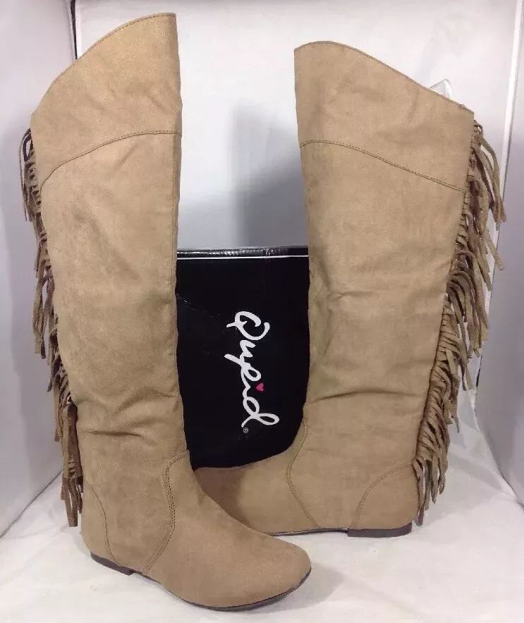 NEW QUPID Suede Cowboy Fringe Long Womens Boots Size 6 Taupe Beige Shoes