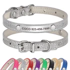 Personalized Dog Collar Bling Sequins PU Leather Engraved Name ID Tag Cat Kitten