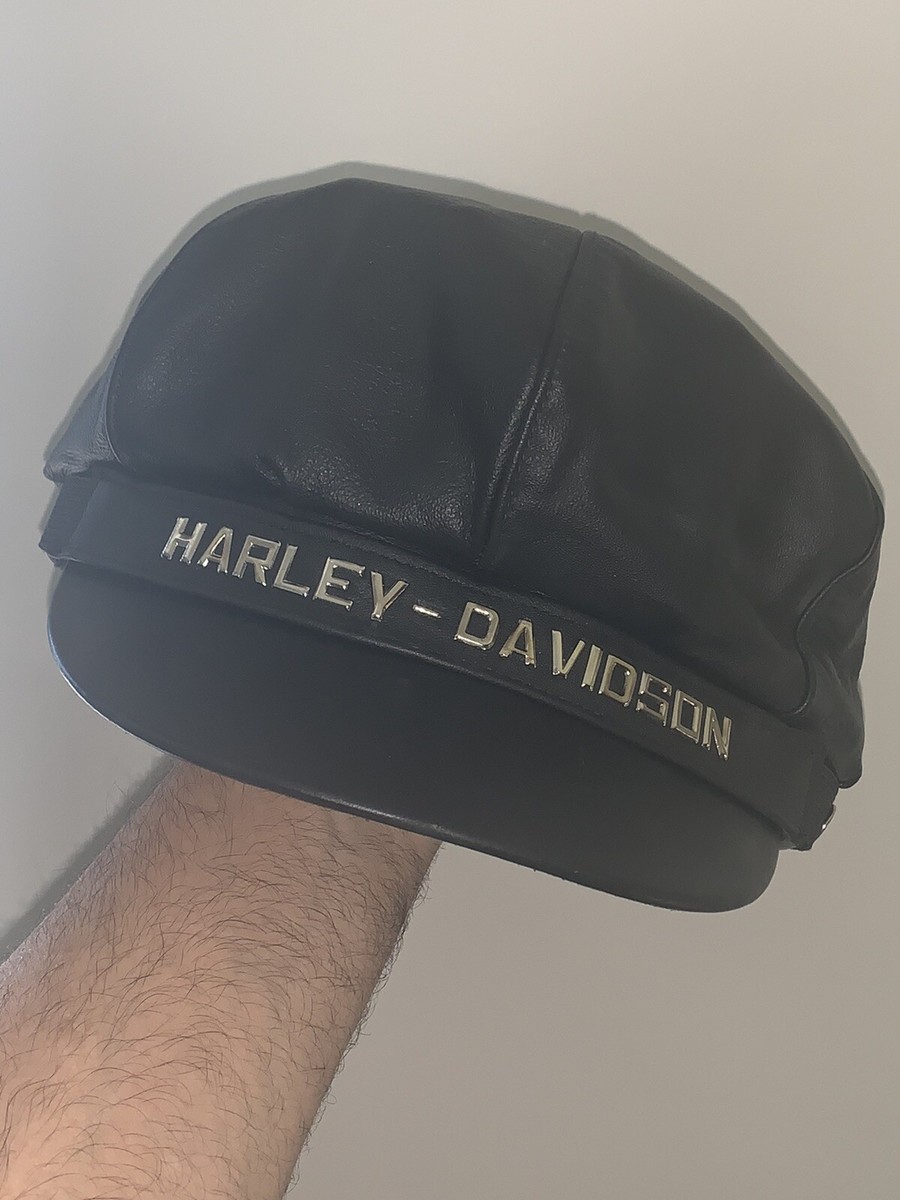 70's Style Harley Davidson Black Leather Motorcycle Cap