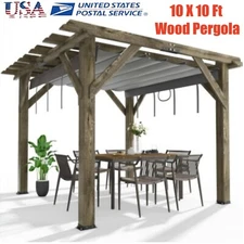 10 X 10Ft Wood Pergola w/ Retractable Sunshade Canopy for Deck Garden Backyard  