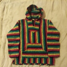 Baja Joe Colorful Made In Mexico Hoodie Poncho Mens M Pullover, No Tags 13SALE