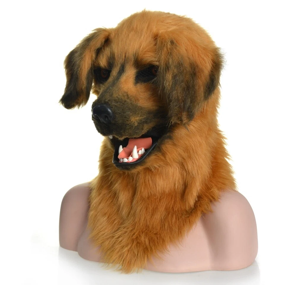 Fantasia de mascote de cabeça de cabelo longo de cachorro amarelo pode mover a boca terno roupa cosplay - Imagem 4 de 4