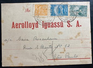 1934 St Cath Brazil Control Card Aerolloyd Iguassu cover to Sao Pablo