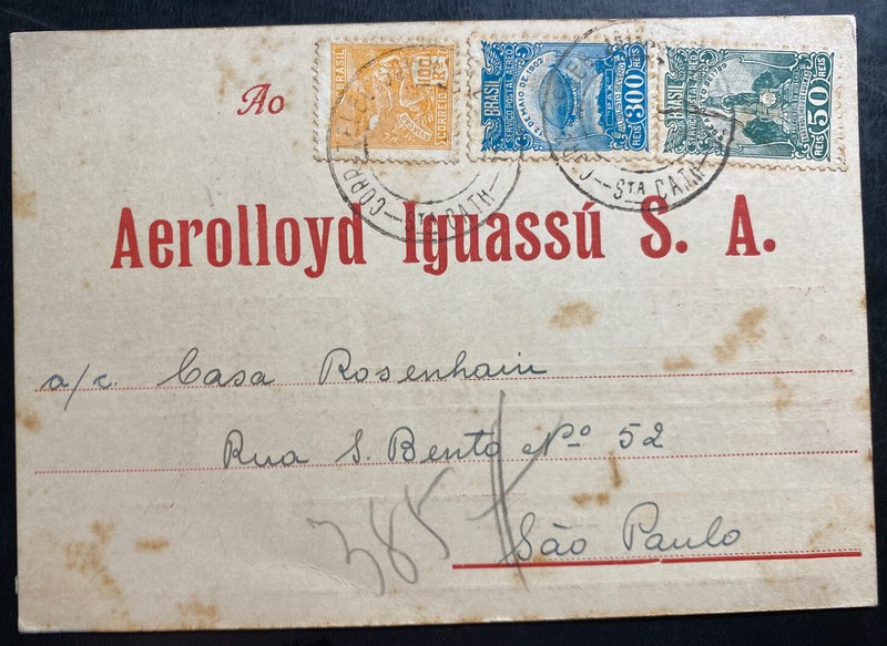 1934 St Cath Brazil Control Card Aerolloyd Iguassu cover to Sao Pablo