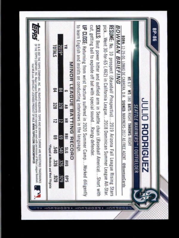 JULIO RODRIGUEZ 2021 BOWMAN PROSPECTS #BP-86 PAPER SKY BLUE ROOKIE #/499 BC7523 - Image 2 of 2
