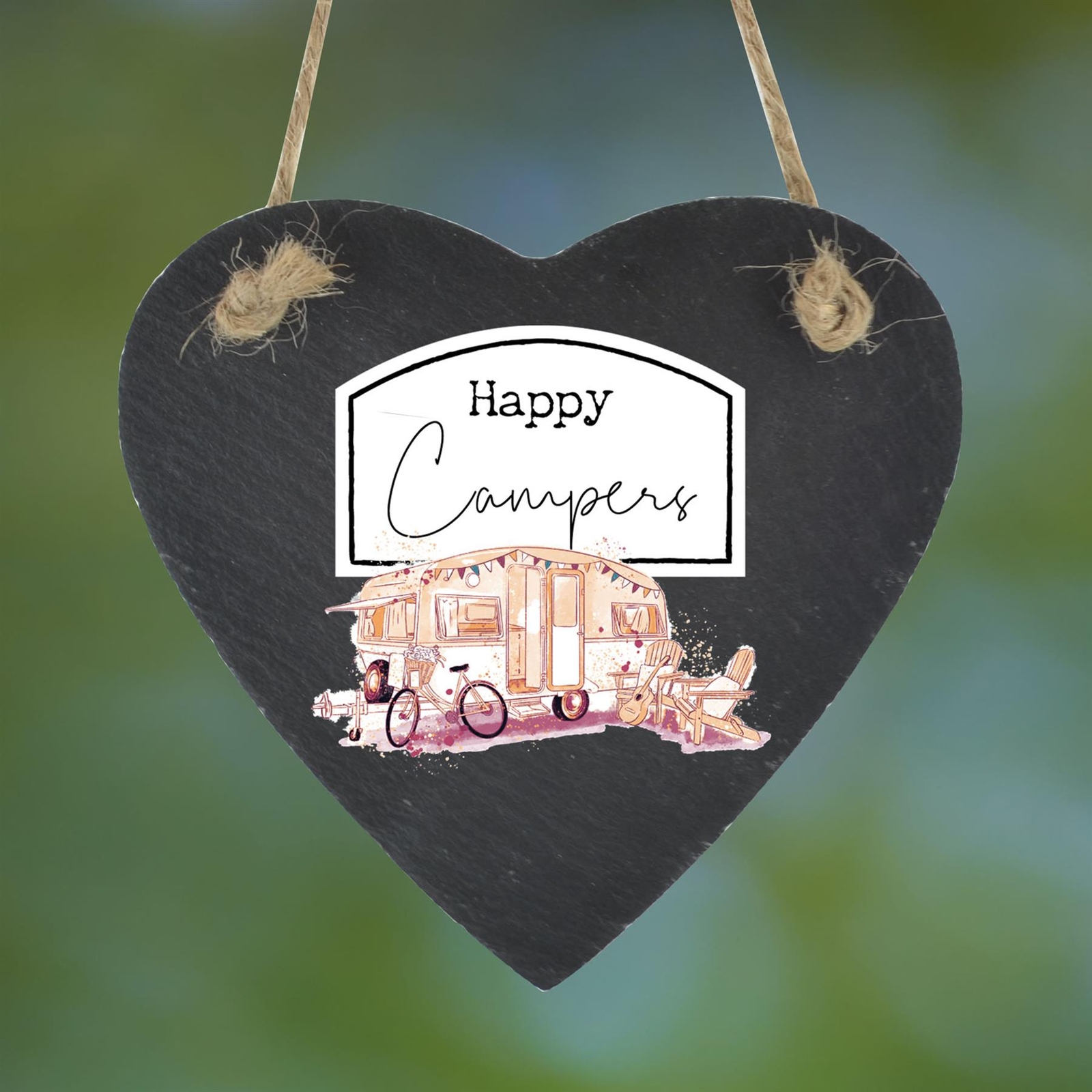 Happy Campers Orange Watercolour Caravan Heart Slate Hanging Plaque