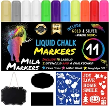 11 Multicolored Liquid Chalk Markers | Includes Mini Chalkboard, 16 Labels & 2 S