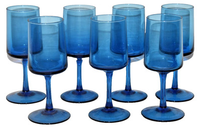 7 Peedee Italy Mid Century Modern Blue Blown Glass Wine Juice Goblets 6 1/8''