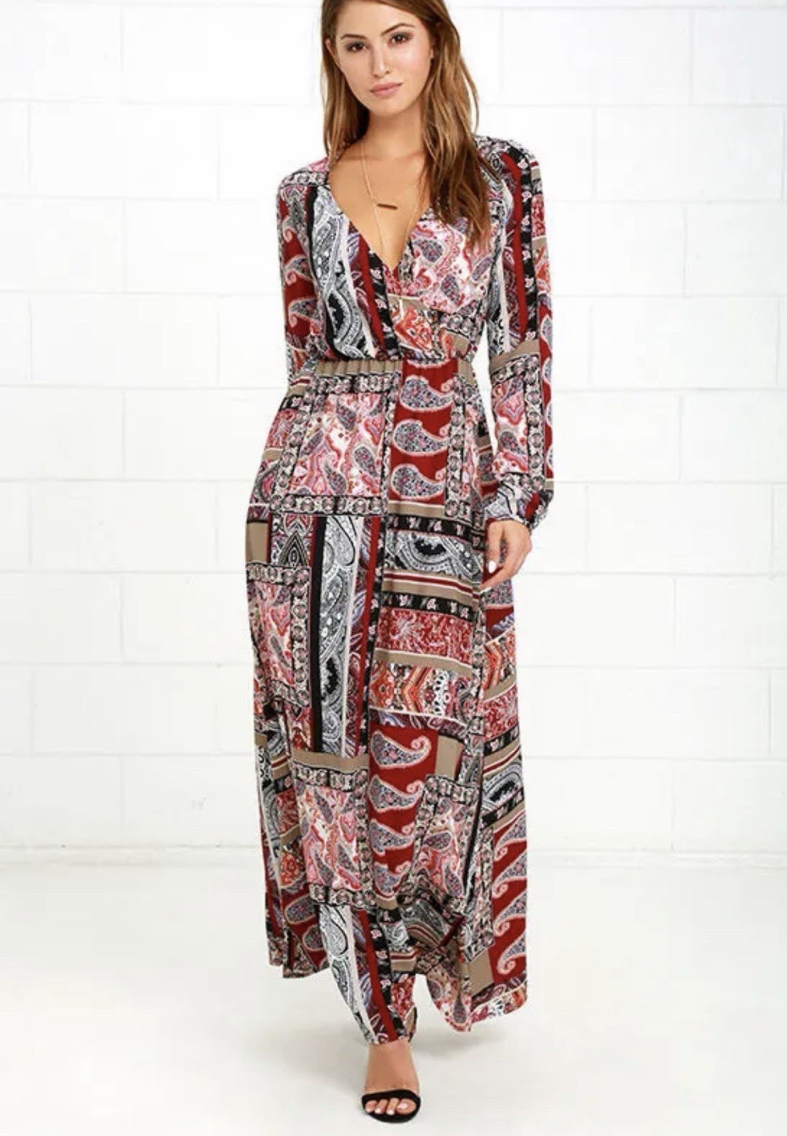 LuLu's Women's Paisley Wrap Maxi Dress V-Neck Long Sleeve Tie Waist XS