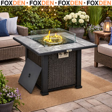 Electric 14.5 KW Gas Fire Pit Table with Rain Cover Wind Guard PE Rattan - Black