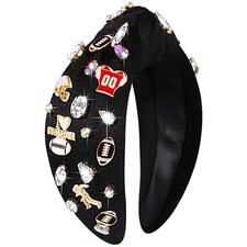 Black Football Crystal Rhinestone Jeweled Wide Knotted Headband Hair Accessory