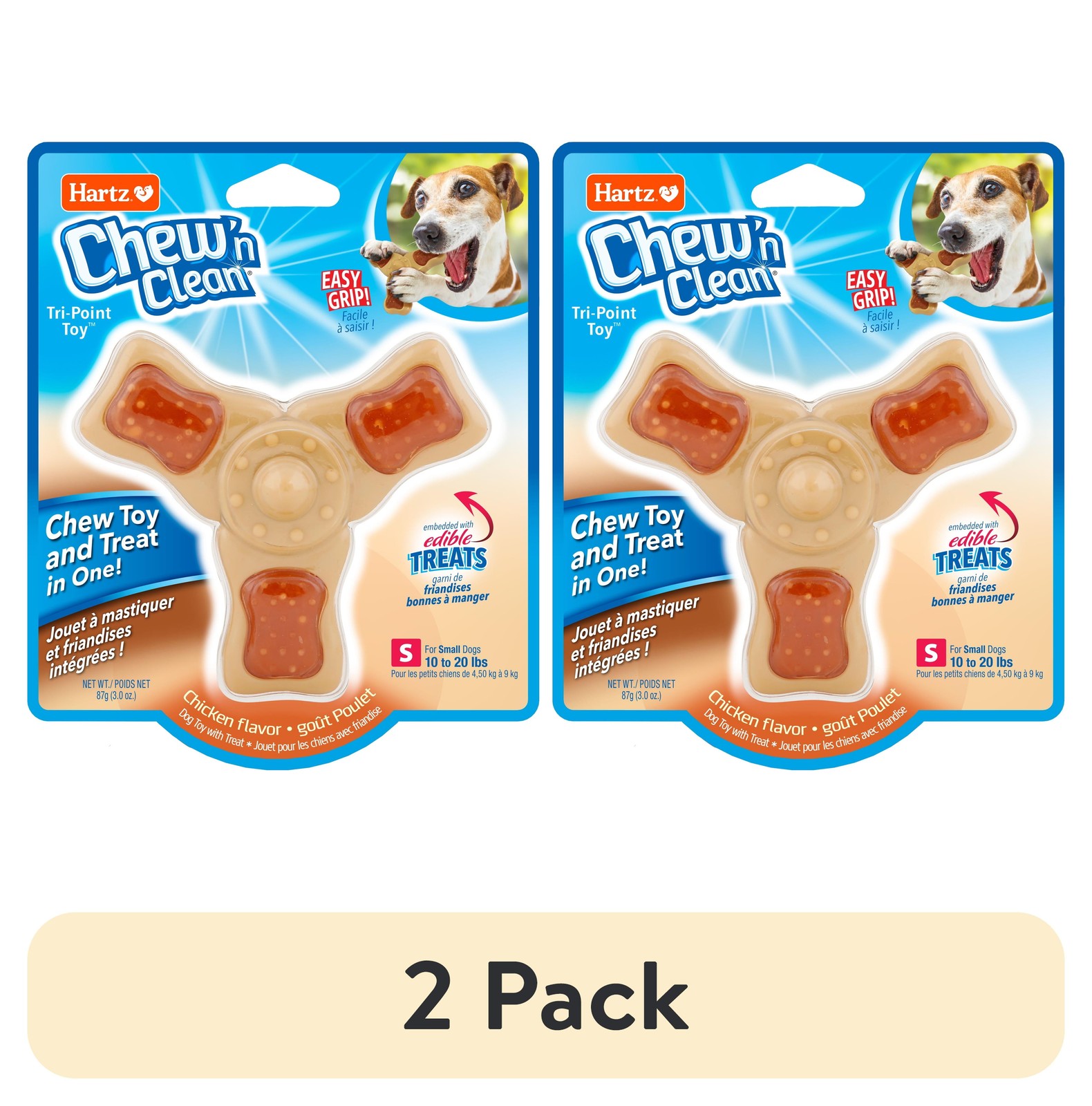 (2 pack) Hartz Chew &lsquo;n Clean Tri-Point Chew Toy, Chicken Flavored Dog Toy 