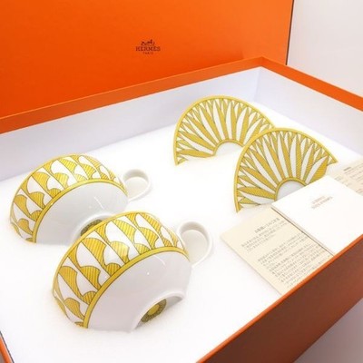 HERMES Soleil d'Hermès Tea Cup & Saucer Set for Two with Box Used