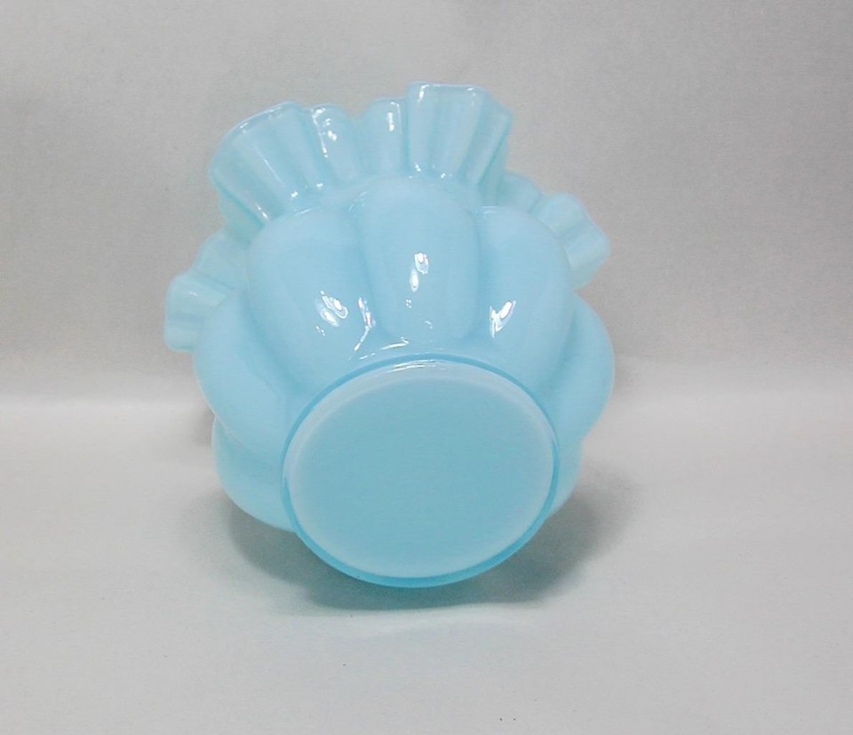 Scalloped Ruffled Rim Vintage Fenton Blue Overlay Melon 5 1/2” Vase Double Crimped Ruffled ...