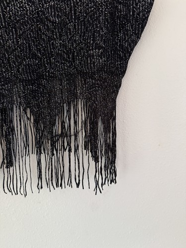Black Y2K tank crop top with fringe trim, made in USA, on white background.