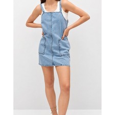MNG Mango Denim Pinafore Mini Dress Tie Straps Blue XS
