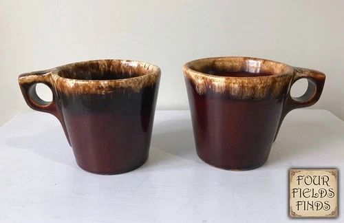 Vintage Farmhouse Glazed Hull Pottery Oven Proof USA Coffee Mugs Cups Set of 2