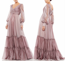 Mac Duggal Maxi Dress Faux Wrap long Sleeve Tiered Gown Mocha Pink size 18