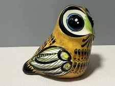 Folk Art Pottery Hand Painted Owl Figurine Mexico 4” Tall Yellow Green White