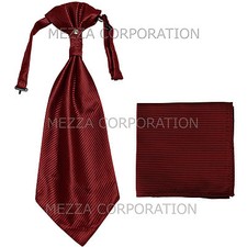 New Vesuvio Napoli Men's Polyester Ascot Cravat Necktie Hankie Stripes Burgundy