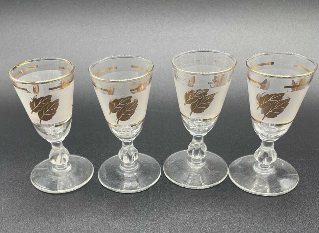 Set of 4 Frosted Cordial Shot Glasses Oak Leaf Fall Design Gold Trim MCM