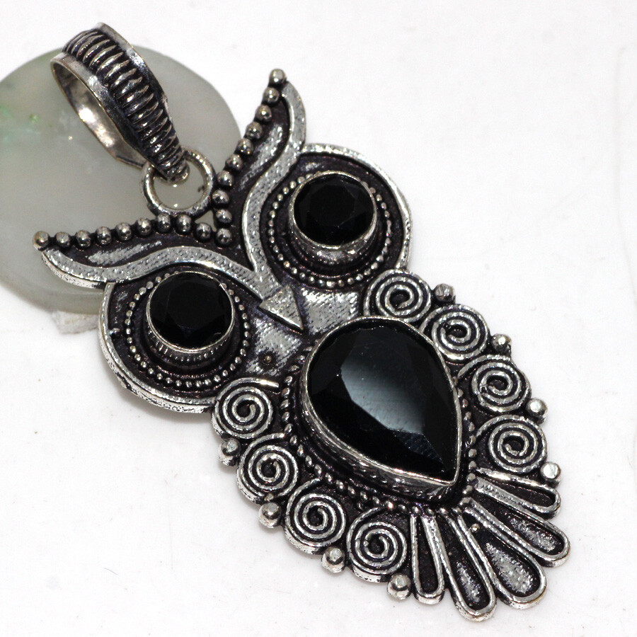 Black Onyx 925 Silver Plated Owl Gemstone Pendant 2.1