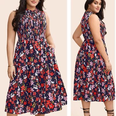 Bloomchic Navy Floral Sleeveless Dress Keyhole Back Smocked Chest Sz 12 |  eBay