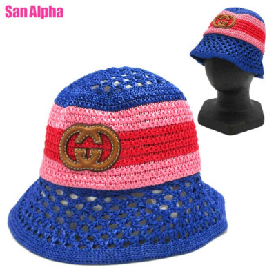 GUCCI Interlocking G Leather Logo Raffia Effect Bucket Hat Blue x