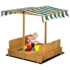 Wooden Kids Sandbox with Cover, Children Outdoor Sand Box with Foldable Bench S