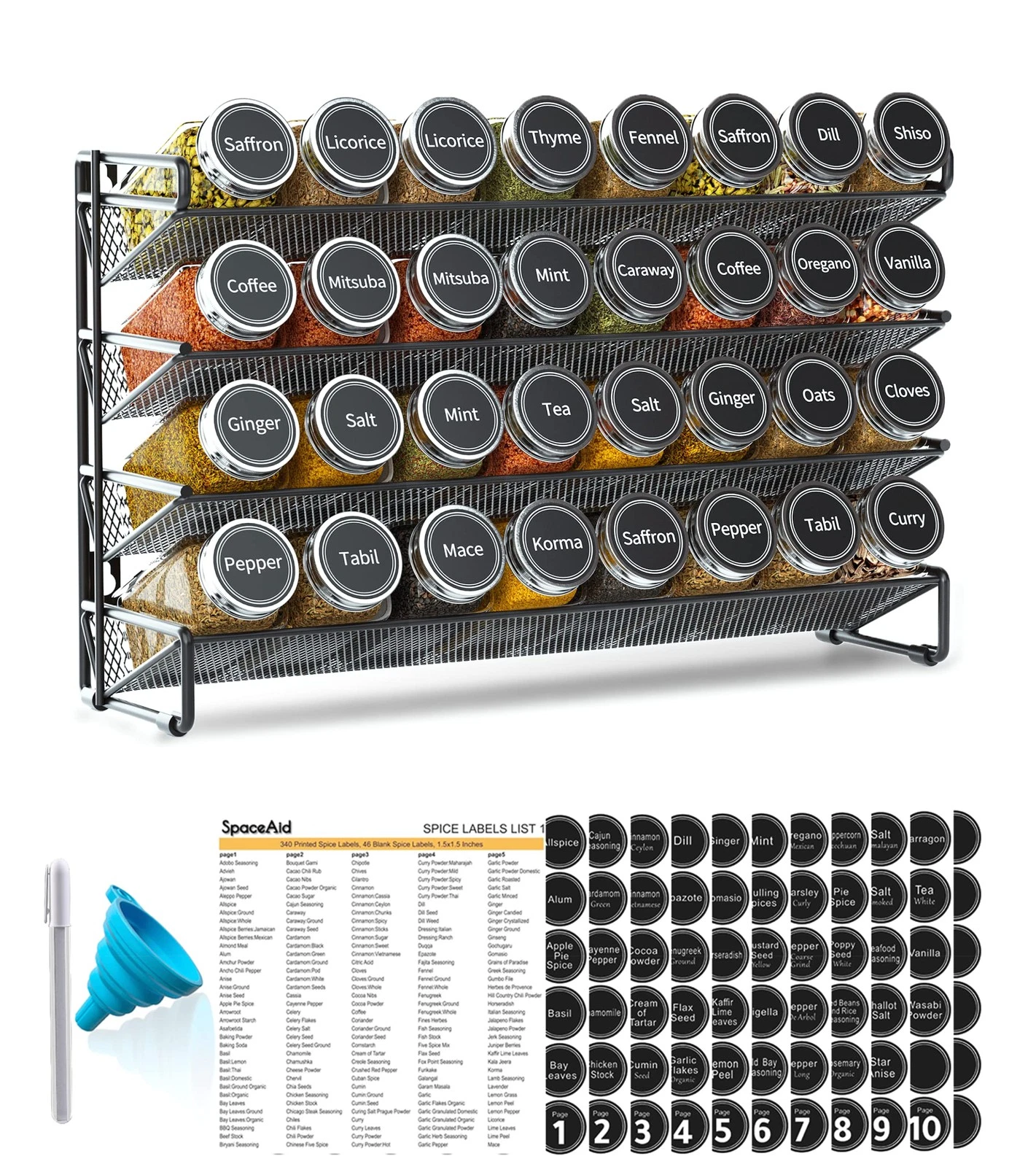 Spice Rack Organizer with 32 Spice Jars, 386 Spice Labels, Chalk Marker and F...
