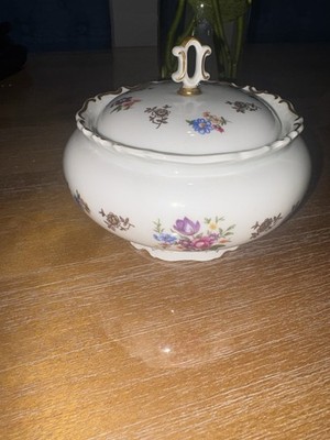 Vintage Floral Bone China Candy Bowl With Kid German Democratic Republic Gold Tr