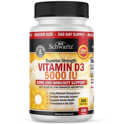 Vitamin D3 5000 IU (125 mcg) Natural Immune 360 Count (Pack of 1), Red 