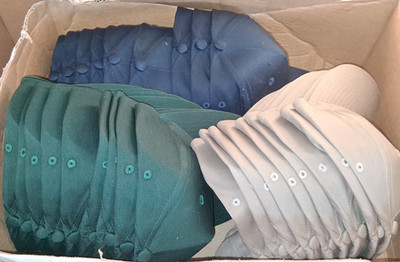 Box of 27 Plain Ball Caps Green/Tan/Blue 9 of each Hook & Loop Adjustable Size