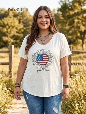 New Plus Size Women's Sunflower American Flag Good Vibes Light T Shirt 1X 2X 3X