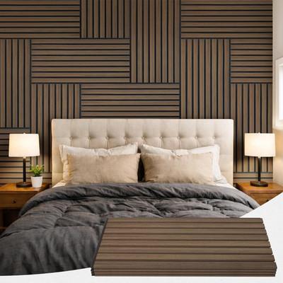 Wood Slat Acoustic Wall Panels, 4 Packs 23.6'' X 11.8'' Dark Walnut Soundproof Pan