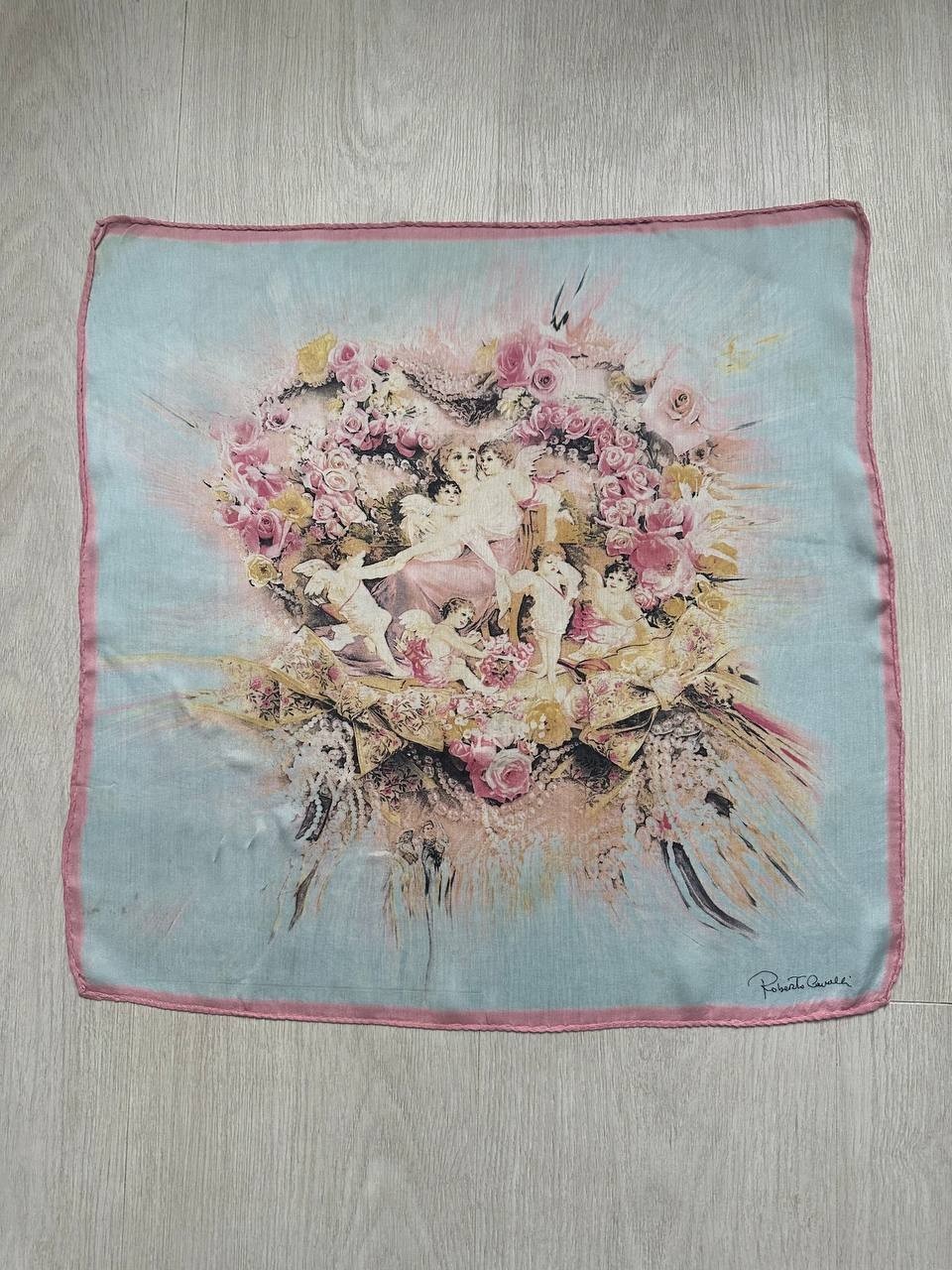 Vintage 90s Roberto Cavalli Silk Scarf Angel Floral Rare Y2K Italy