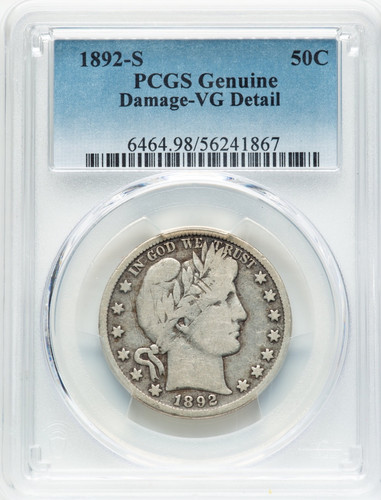 1892 S Barber Half Dollar 50c PCGS VG Details