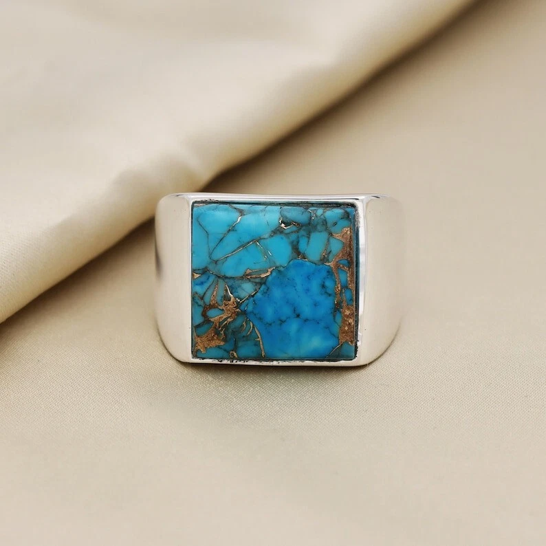 Natural Blue Copper Turquoise Signet Men's ring 925 Sterling Silver Ring Gifts
Opens in a new window